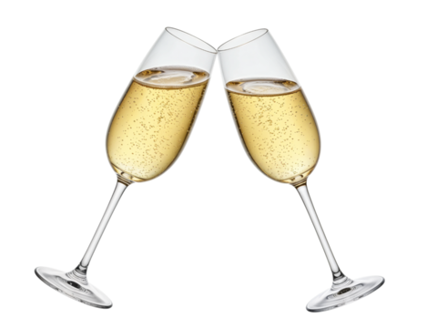 Two elegant champagne flutes filled with bubbly golden champagne clinking together in celebration isolated on transparent background