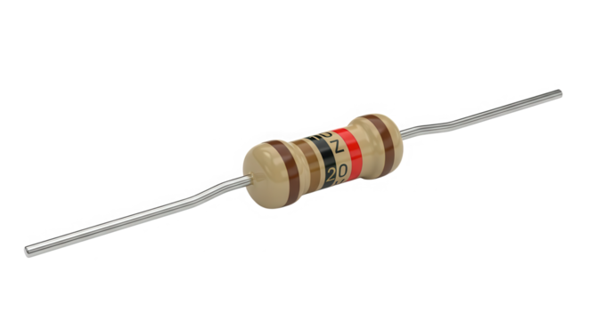 A single electronic resistor with color bands and metal leads isolated on transparent background