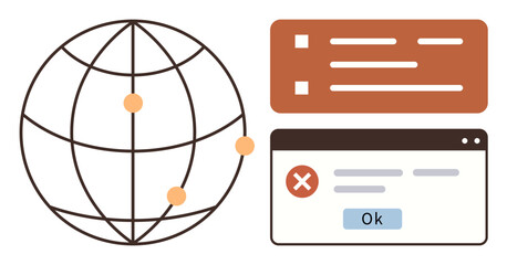 Globe with connection points, browser window with error, and a checklist. Ideal for technology, communication, troubleshooting, network issues, error handling software global concepts. A simple