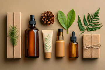 Natural Skincare Products with Leaves and Pinecone on Beige Background