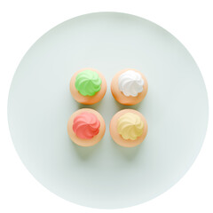 3D Four cupcakes with vibrant frosting on a white round plate, captured from above with soft shadows and minimalist background.

