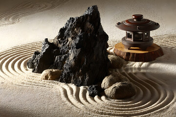 Tranquil Zen Garden with Stones, Lantern, and Raked Sand Patterns
