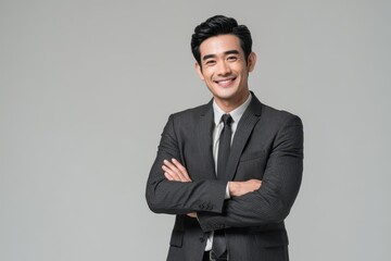 Confident Asian businessman with arms crossed smiling in trendy formal attire Successful executive in a studio setting Relaxed professional manager