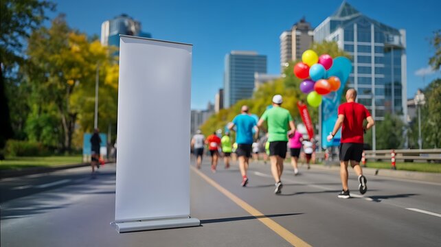 Blank advertising banner stands prominently on a city street during a vibrant outdoor marathon event with runners and colorful balloons