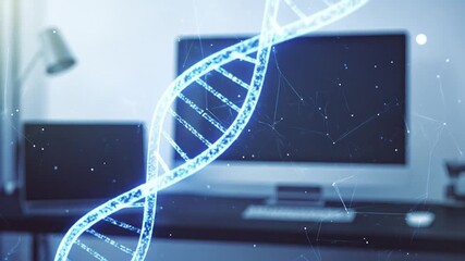DNA double helix animation over modern office background, healthcare innovation concept - Powered by Adobe