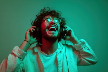 Teen in headphones enjoying music while dancing and singing reflecting DJ joy and laughter hipster vibe neon lit portrait on green backdrop with room for text