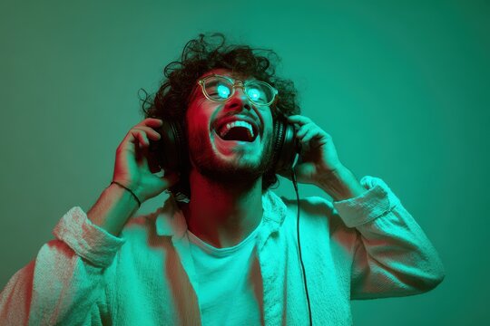Teen in headphones enjoying music while dancing and singing reflecting DJ joy and laughter hipster vibe neon lit portrait on green backdrop with room for text