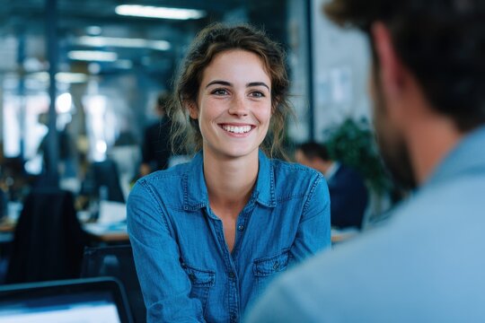 A woman in blue sits at a desk with a man smiling as he watches her it seems to be a business meeting or interview