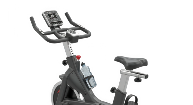Modern stationary exercise bike with digital display and adjustable handlebars isolated on transparent background