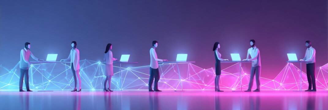 People Working Collaboratively at Desks With Laptops in a Futuristic Office Space With Colorful Lights