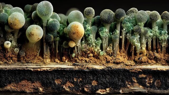 Side view of a nail crosssection revealing fungal invasion and buildup of greenish fungal colonies beneath the surface.