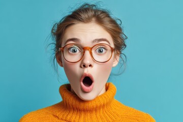 A girl in glasses with an amazed expression close up on a blue backdrop