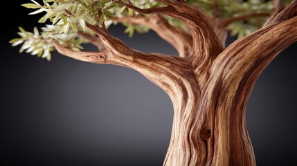Obraz premium Close up textured bark of a weathered ancient olive tree with green leaves against a dark background