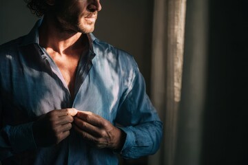 A man is putting on clothes and adjusting his shirt reflecting daily routine