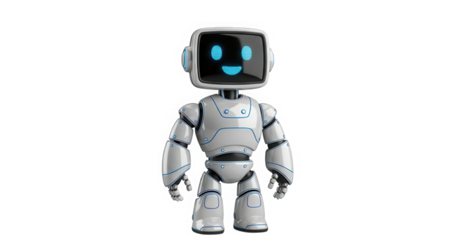 Friendly cartoon robot character with blue glowing eyes and a smiling face isolated on transparent background - Powered by Adobe
