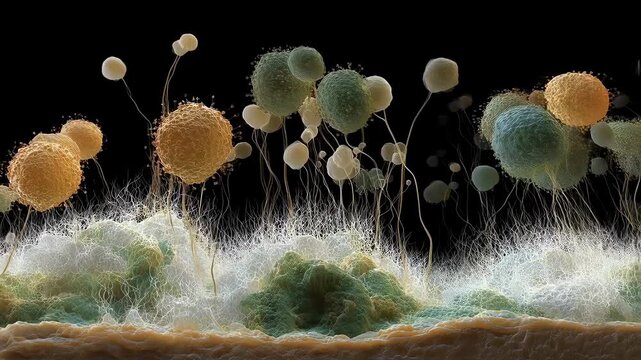 Highdetail microscopic rendering of spore germination process leading to anthraxrelated tissue damage in pulmonary system.