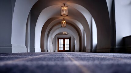 Obraz premium Long vaulted corridor with arched ceiling hanging lamps and double wooden doors at the end