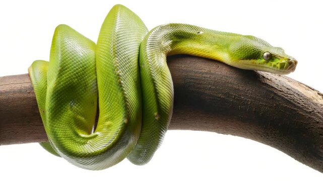 Emerald Tree Boa coiled on a branch, vibrant green reptile in a close up shot for wildlife footage