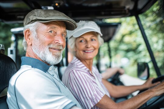 Active elderly couple enjoying leisure outdoors in a golf cart