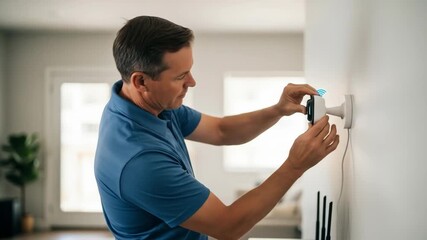 Man Installing Wireless Security Camera on White Wall