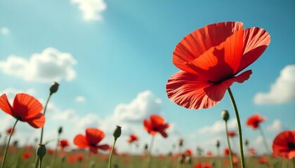 Fototapeta premium A serene poppy field against a clear blue sky, representing patriotism and reflection for those who served