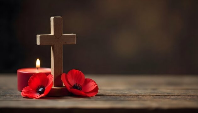 A wooden table displays red poppy flowers and a cross, representing reflection and gratitude for military service