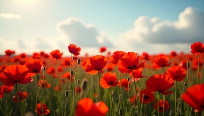Expansive field of red poppies, honoring military families and veterans during a moment of reflection on Remembrance Day