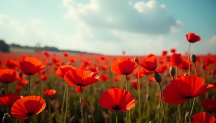 Lush poppy field in red, serving as a tribute to soldiers and a moment of gratitude on Veterans Day and Remembrance Day