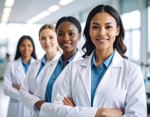 Four women in white lab coats, smiling