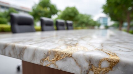 Marble conference table with gold veins and black chairs outdoors Luxury