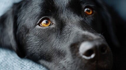 Extreme close up of a black Labrador Retriever dog's face with amber eyes looking forward