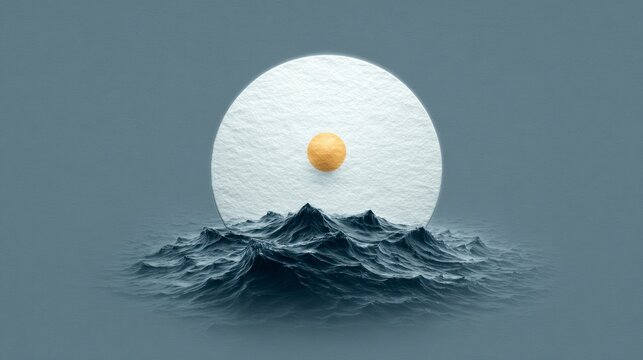 A white circular disc with a yellow sphere rests above dark choppy waves under a hazy sky