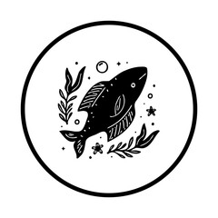 A minimalist black and white fish illustration surrounded by aquatic plants within a circle frame