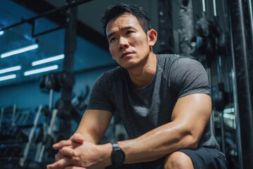 Asian male teacher in the gym making a writing motion