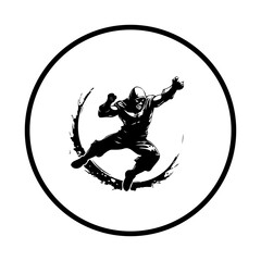 Ninja martial arts silhouette leaping through brush stroke inside the circle a vector drawing illustration