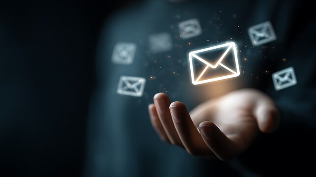 Email Marketing and Communication Concept: Glowing Envelope Icons Floating Above Open Hand