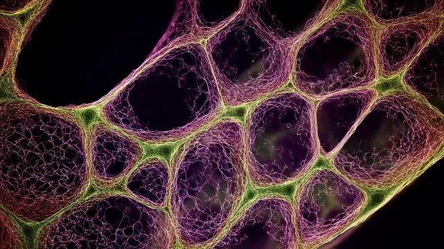Timelapse microscopic view of lung cells developing fibrotic webs demonstrating cellular changes during pulmonary fibrosis onset.