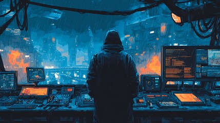 Anonymous Hacker in Cyberpunk City Control Room with Rain
