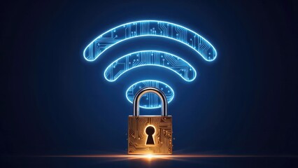 Secure your digital world with a glowing Wi-Fi symbol protecting a golden circuit board padlock.