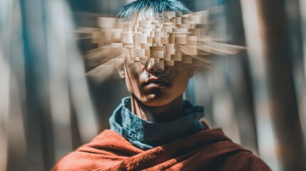 Person's face obscured by abstract digital fragmentation conveying disorientation or altered perception