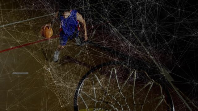 Sports analysis showing basketball player bouncing ball starting dribble then driving dunk to score