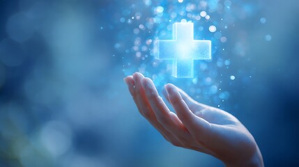 Hand Reaching for Glowing Medical Cross Symbolizing Health and Care