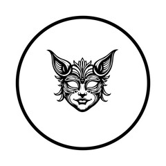 Mystical feline face with elaborate mask and ornamental details in a minimalist circular frame design