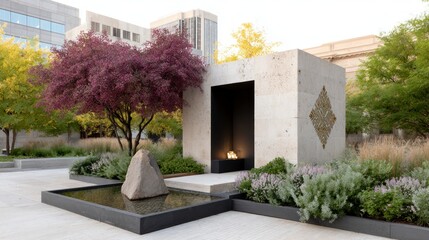 Modern stone monument with ornamental pattern and surrounding autumn foliage