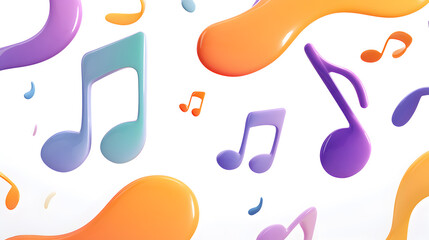 Floating Musical Notes and Colorful Shapes on White Background