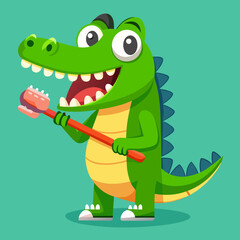 Obraz premium Green crocodile brushing teeth with toothbrush cartoon