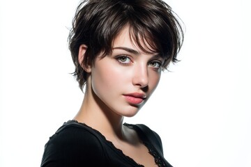 Fototapeta premium Attractive young Caucasian woman with short hair on a white background
