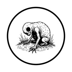 A creepy creature with large eye sockets crouched down in the grass within a circle design