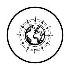 Globe with arrows in a circle representing the spread of ideas around the world simple illustration concept