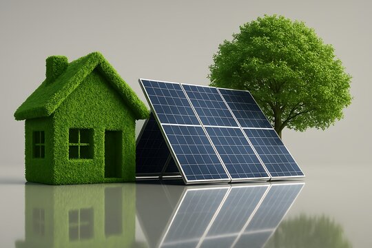Concept of a green house with solar panels in an eco-friendly environment for sustainable living. - Powered by Adobe